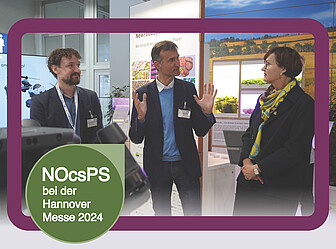 From right: Federal Minister of Education and Research Bettina Stark Watzinger with Prof. Enno Bahrs (NOcsPS) and Christopher Marples (DAKIS) at the Hannover Messe stand (Photo: Jette Berend)